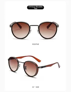 Detail view of retro round gunmetal sunglasses with gradient brown lenses from two angles