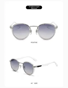 Detailed front and side views of silver round metal sunglasses with gradient lenses