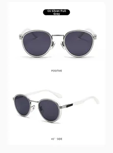 Front and 45-degree angle view of retro round sunglasses with silver metal frame