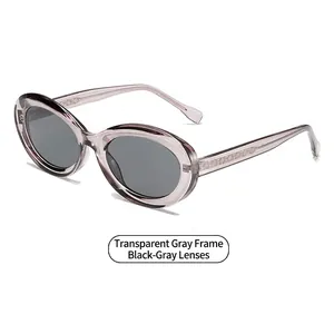 Transparent gray oval sunglasses with black-gray lenses and quilted textured temples