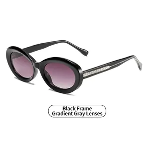 Classic oval black sunglasses with gradient gray lenses and silver diamond metal decor