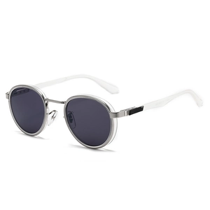 Classic round metal sunglasses with silver frames and dark gray lenses for street style