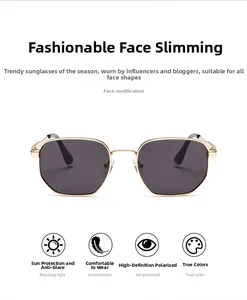 Detail of metal sunglasses featuring polarized lenses and a vintage golden frame design
