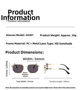 Detailed size chart and technical specifications for H2401 retro metal sunglasses
