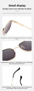 Detailed view of metal hinges, silicone nose pads and ergonomic temple tips of sunglasses