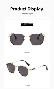 Detailed front and 45-degree side views of golden metal sunglasses with dark gray lenses
