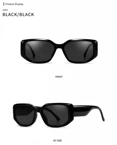 Vorder- und Seitenansicht der klassischen Breitbein-Rechteck-Sonnenbrille mit schwarzem Rahmen