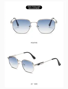 Detailed front and side views of silver polygonal sunglasses with gradient blue lenses