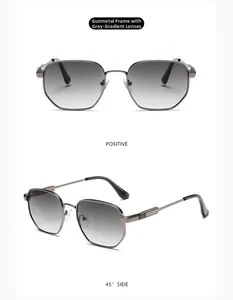 Front and 45-degree side view of modern gunmetal sunglasses with gradient lenses