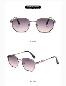 Front and side view of retro polygon metal sunglasses with gunmetal frames and gradient lenses