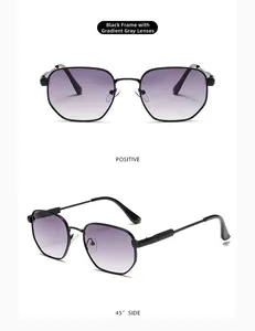Detail view of hexagonal metal sunglasses with black frames and grey gradient lenses