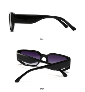 Seiten- und Rückansicht einer schwarzen rechteckigen Sonnenbrille mit lila Verlauf