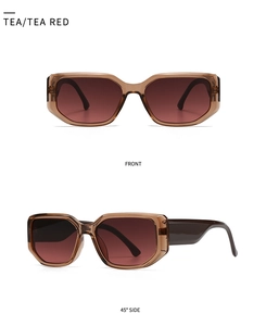 Front- und Seitenansicht der rechteckigen Retro-Sonnenbrille in Teefarbe mit breitem Rahmen