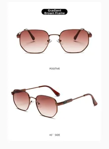 Detailed views of polygon metal sunglasses with tea gradient lenses in dual angles