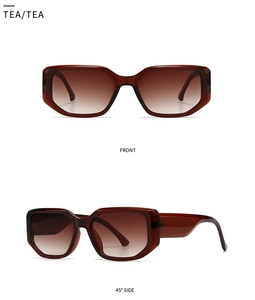 Details der quadratischen Teebraun-Sonnenbrille in Frontal- und 45-Grad-Seitenansicht