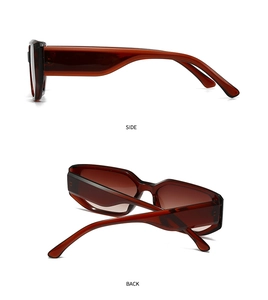 Detaillierte Seiten- und Rückansicht der quadratischen Retro-Sonnenbrille in Dunkelbernstein