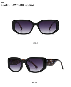 Vorder- und Seitenansicht der schwarzen Breitband-Sonnenbrille mit Bügeln in Schildpatt-Optik