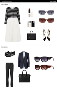 Flatlay-Ansicht der Retro-Sonnenbrille kombiniert mit eleganten Outfits für Damen und Herren