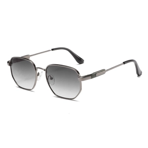 Modern gunmetal hexagonal sunglasses with dark grey gradient lenses and metal frame