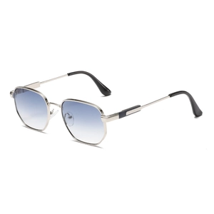 Modern retro metal sunglasses with silver frame and blue gradient lenses for a stylish look