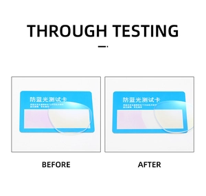 Blue light blocking test showing clear lens effect on testing card for eyewear protection