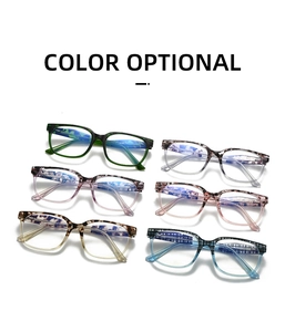Detailed display of six stylish square frame eyeglasses in various gradient color options