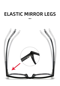 Detailed view of elastic mirror legs and metal hinges on black square eyeglass frames