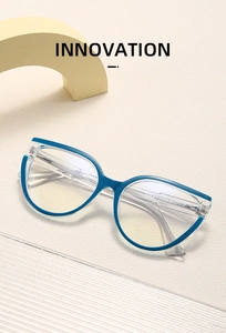 Detail of teal and clear cat-eye glasses frame with innovation text on background