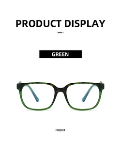 Front view of green and black tortoiseshell retro square glasses with clear lenses