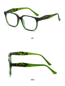 Detailed side view of retro green square frame glasses with tortoiseshell temple accents