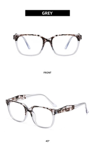 Detailed front and 45-degree angle view of grey tortoiseshell blue light glasses