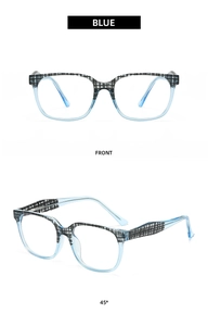 Front and 45-degree side view of blue transparent checkered retro glasses frames