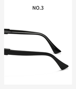 Detailed close-up of glossy black spectacle temple tips with serial number NO.3