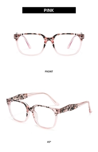 Pink tortoiseshell glasses frames showing front and 45-degree angle views on white background
