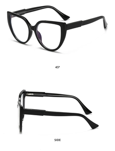 Detail view showing 45-degree and side profiles of black cat-eye anti-blue light glasses