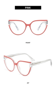 Close-up of pink cat-eye blue light glasses with transparent temples and metal core