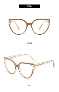 Detailed front and side view of tea-colored cat-eye glasses with anti-blue light lenses