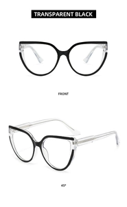 Front and 45-degree views of cat-eye anti-blue light glasses in transparent black finish