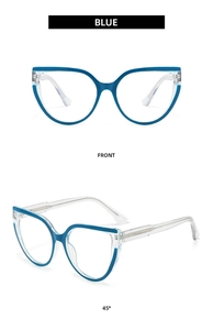 Front and 45-degree angle views of two-tone cat-eye anti-blue light glasses frames