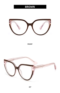 Front and 45-degree angle view of brown cat-eye anti-blue light glasses frames