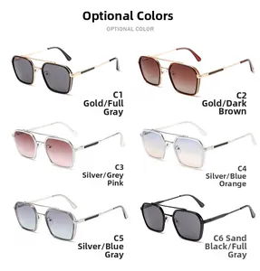 Collage of retro pilot square sunglasses in six color variations with metal frames