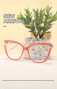 Detail of pink and clear cat-eye glasses frame on a minimalist decorative background