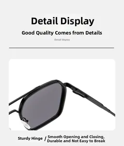 Detail of durable metal hinges on narrow black square sunglasses for smooth opening