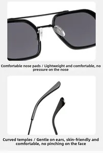 Detail of comfortable nose pads and ergonomic curved temples on black square sunglasses