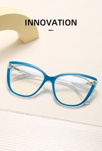 Detail of cat-eye anti-blue light glasses with transparent blue acetate frame and innovation text