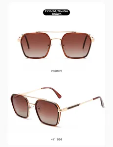 Front and 45-degree side views of gold pilot sunglasses with brown gradient lenses
