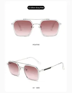 Modern silver sunglasses with gradient grey-pink lenses in front and side views