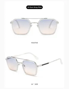 Retro rectangle sunglasses with silver metal frame and blue-pink gradient lenses