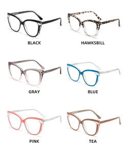 Detailed grid view showcasing cat-eye blue light blocking glasses in six diverse colors