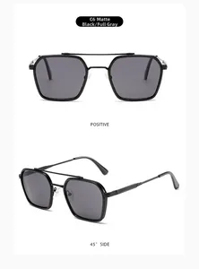 Front and 45-degree side views of retro black metal aviator sunglasses with gray lenses